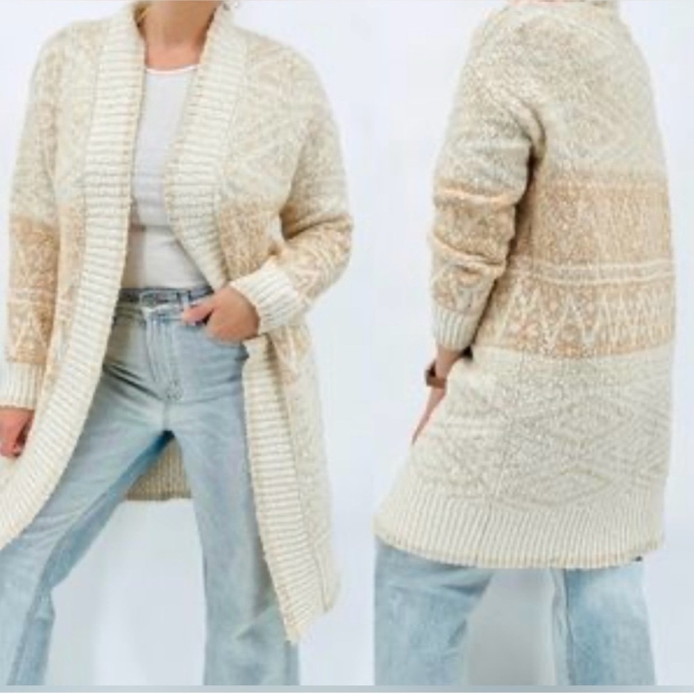 ❌SOLD❌JOIE Open Front Longline Cardigan Nordic Knit Beige, Large - Picture 1 of 10